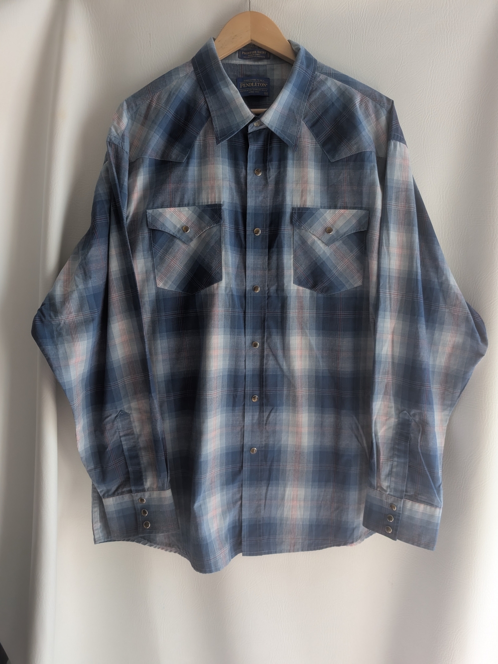 Pendleton Blue Plaid Frontier Western Shirt Brown Pearl Snaps - XXL